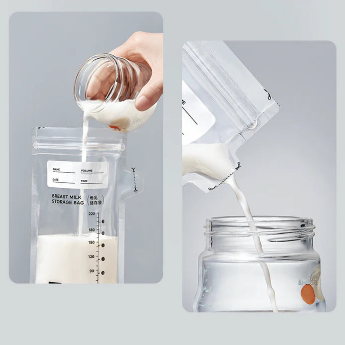 Hand pouring milk from a container into a breast milk storage bag and then into a jar on a light gray background.