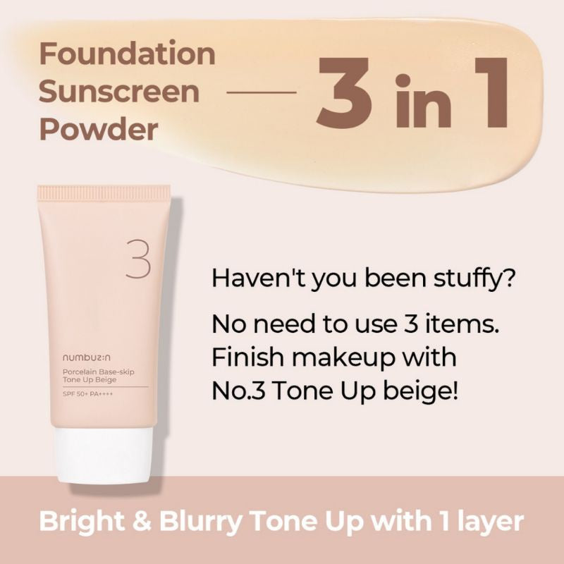 NUMBUZIN No.3 Porcelain Base-Skip Tone Up Beige SPF50+ PA++++ (50ml)