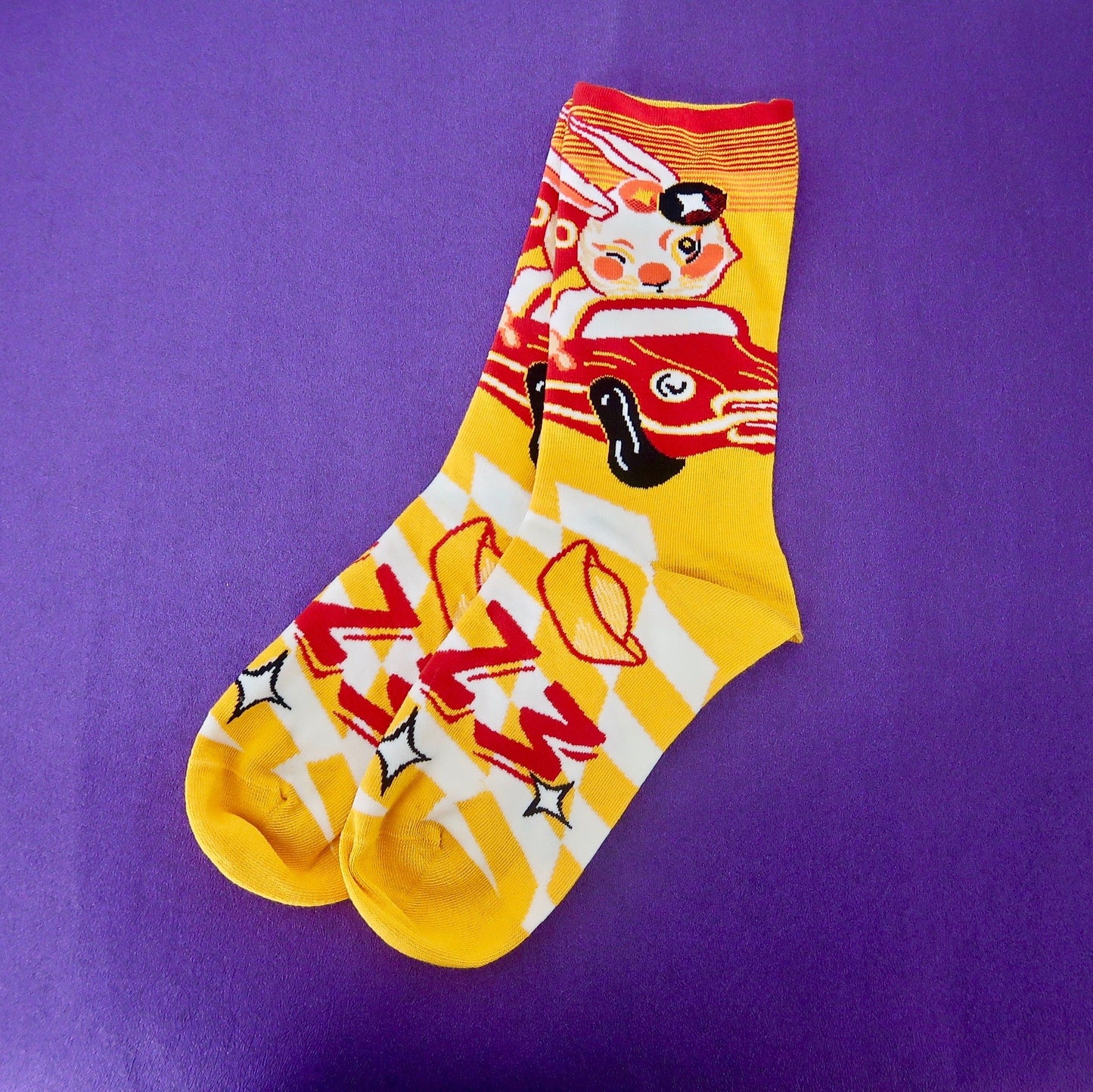 CNY Rabbit Riding Car Yellow Adult Socks