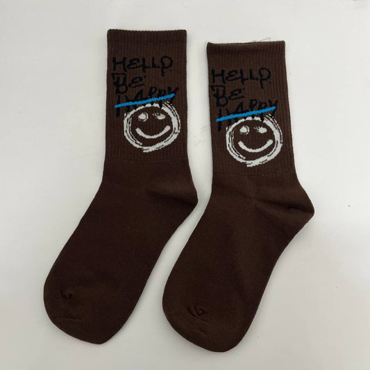 Hello Be Happy Brown Socks