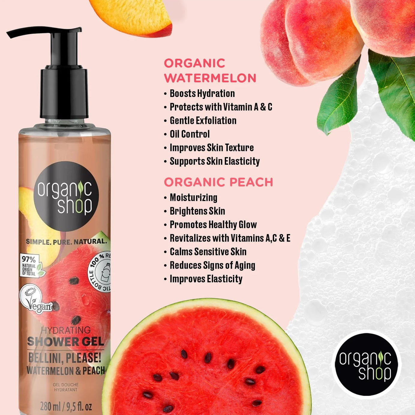 ORGANIC SHOP Hydrating Shower Gel Bellini, Please! Watermelon & Peach 280ml
