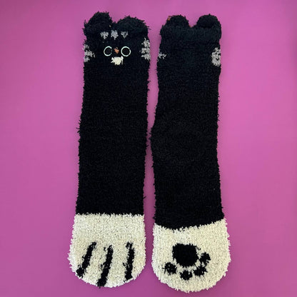 Fuzzy Cat Paw Fleece Socks with Ears