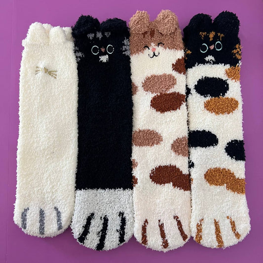 Fuzzy Cat Paw Fleece Socks with Ears