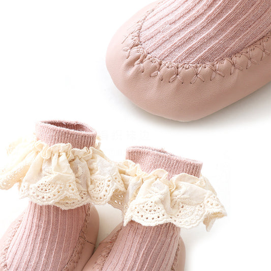 Pink Ruffle Leather Baby Socks